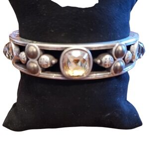 Brighton Vintage Style Statement‎ Bracelet silver Tone Rhinestone Accents Hinged